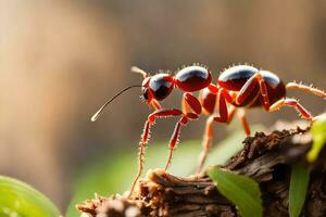 un' rosso formica è in piedi su un' ramo. ai-generato foto
