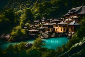 un' villaggio nel il montagne con un' blu lago. ai-generato foto