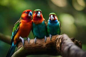 tre colorato uccelli seduta su un' ramo. ai-generato foto
