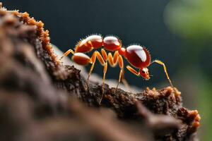 un formica è strisciando su un' pezzo di Di legno. ai-generato foto