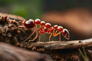 un formica a piedi su un' tronco d'albero. ai-generato foto