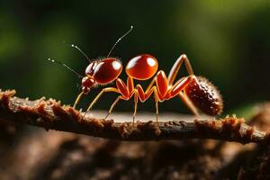un' rosso formica è seduta su un' ramo. ai-generato foto