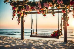 un' swing su il spiaggia con fiori e un' fiore arco. ai-generato foto