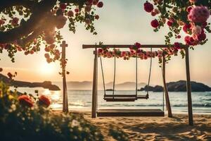 swing su il spiaggia a tramonto. ai-generato foto