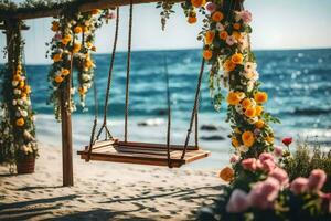 un' swing su il spiaggia con fiori. ai-generato foto