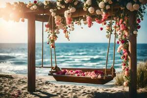 un' swing con fiori su il spiaggia. ai-generato foto