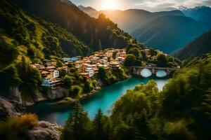 il sole brilla al di sopra di un' villaggio nel il montagne. ai-generato foto