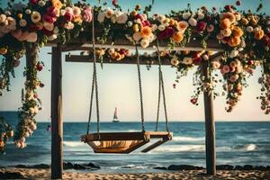 un' swing su il spiaggia con fiori. ai-generato foto