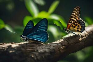 Due farfalle seduta su un' ramo nel il foresta. ai-generato foto
