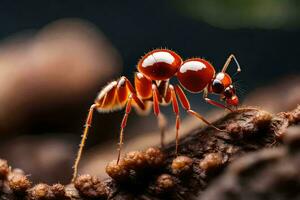 un formica è in piedi su un' pezzo di Di legno. ai-generato foto
