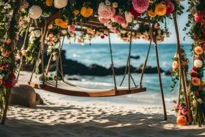 un' swing su il spiaggia con fiori. ai-generato foto