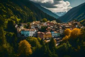 un' cittadina nel il montagne con alberi e montagne. ai-generato foto