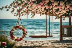 un' swing con fiori sospeso a partire dal esso su il spiaggia. ai-generato foto