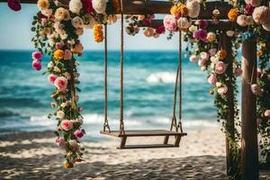 un' swing su il spiaggia con fiori. ai-generato foto