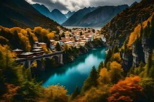 un' fiume corre attraverso un' valle circondato di montagne. ai-generato foto