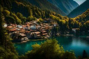 un' villaggio si siede su il bordo di un' lago circondato di alberi. ai-generato foto