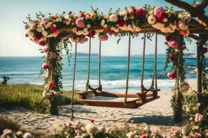 un' swing su il spiaggia con fiori. ai-generato foto