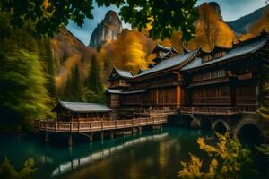 un' Cinese Casa nel il mezzo di un' lago. ai-generato foto