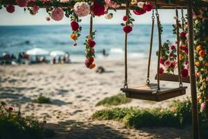 un' swing sospeso a partire dal un' di legno telaio con fiori su esso. ai-generato foto