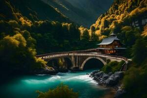 un' ponte al di sopra di un' fiume nel il montagne. ai-generato foto
