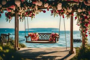 un' swing con fiori su esso prospiciente il oceano. ai-generato foto