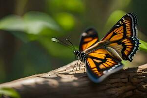 un' farfalla è seduta su un' ramo con suo Ali aprire. ai-generato foto
