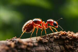 un formica è in piedi su un' tronco d'albero. ai-generato foto