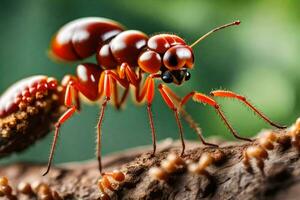 un' rosso formica è a piedi su un' ramo. ai-generato foto