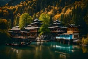 un' lago e un' Cinese villaggio nel il montagne. ai-generato foto