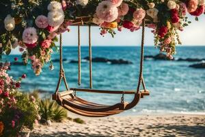 un' swing su il spiaggia con fiori. ai-generato foto