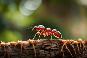 un' gruppo di formiche a piedi su un' tronco d'albero. ai-generato foto