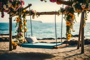 un' swing su il spiaggia con fiori. ai-generato foto