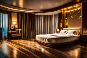 un' Camera da letto con un' grande letto e di legno pavimentazione. ai-generato foto