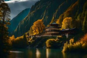 un' Cinese tempio nel il montagne circondato di alberi. ai-generato foto