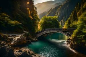 un' ponte al di sopra di un' fiume nel il montagne. ai-generato foto