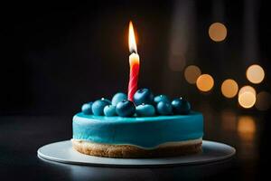 blu compleanno torta con un' singolo candela su un' piatto. ai-generato foto