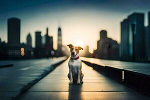 un' cane seduta su un' ponte nel davanti di un' città orizzonte. ai-generato foto