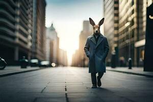 un' uomo indossare un' coniglio maschera passeggiate giù un' città strada. ai-generato foto