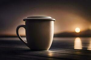 caffè tazza su il molo, tramonto, acqua, lago, HD sfondo. ai-generato foto