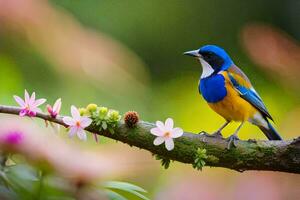 un' blu e giallo uccello si siede su un' ramo con rosa fiori. ai-generato foto