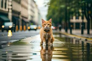 un arancia gatto in piedi su un' bagnato strada. ai-generato foto