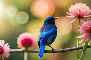 un' blu uccello è arroccato su un' ramo con rosa fiori. ai-generato foto