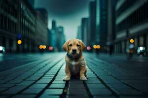 un' cucciolo si siede su il strada nel un' città a notte. ai-generato foto