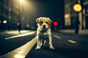 un' cucciolo in piedi su il strada a notte. ai-generato foto