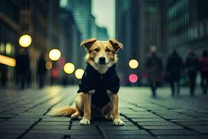 un' cane indossare un' giacca si siede su il terra nel un' città. ai-generato foto