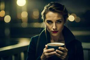 un' donna Tenere un' tazza di caffè. ai-generato foto