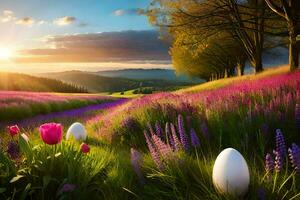 Pasqua uova nel il campo. ai-generato foto