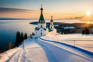 il sole sorge al di sopra di un' Chiesa nel il neve. ai-generato foto