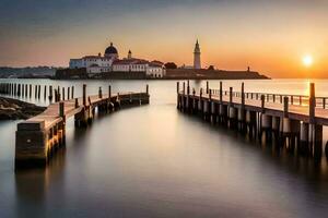 un' molo con un' faro a tramonto. ai-generato foto