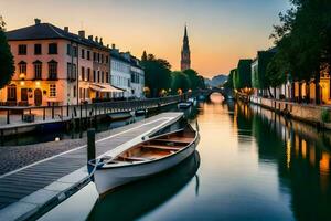 un' barca è attraccato nel un' canale a tramonto. ai-generato foto